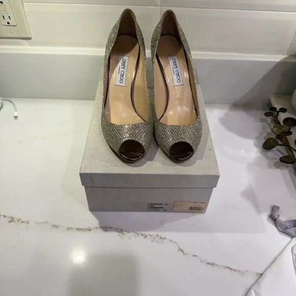 Jimmy Choo Glittering Champagne Peep-Toe Heels - Picture 5 of 10